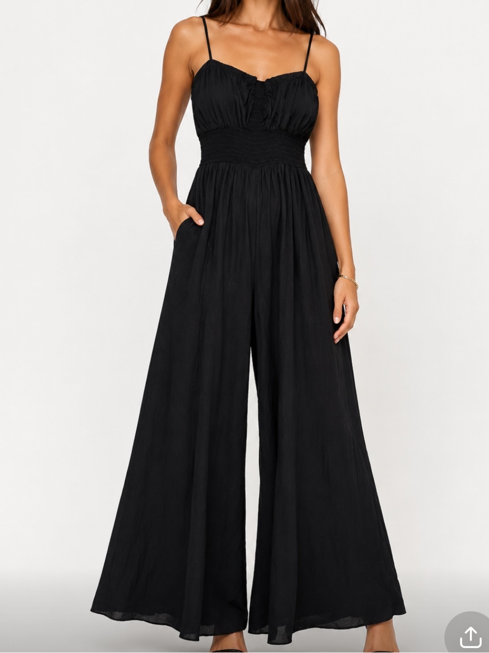 Free people black smocked wide leg flowy boho jumpsuit sz medium